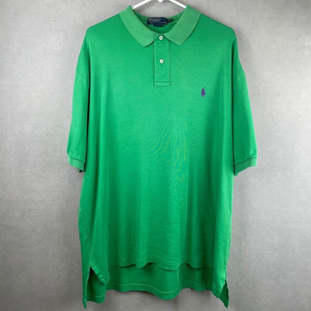 VTG Polo Ralph Lauren XL Green Short Sleeve Polo Shirt Purple Pony Logo‎ Cotton